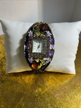 Embellished Floral Crystal Bracelet Watch in Purple, Amber & Green